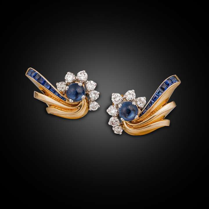 A Pair of Sapphire, Diamond & Gold Earrings